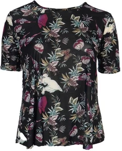 Schwarzes Blumendruck Rundhals Stretch TShirt Swing transparent Oberteil Kurzarm Damen - Bild 1 von 2