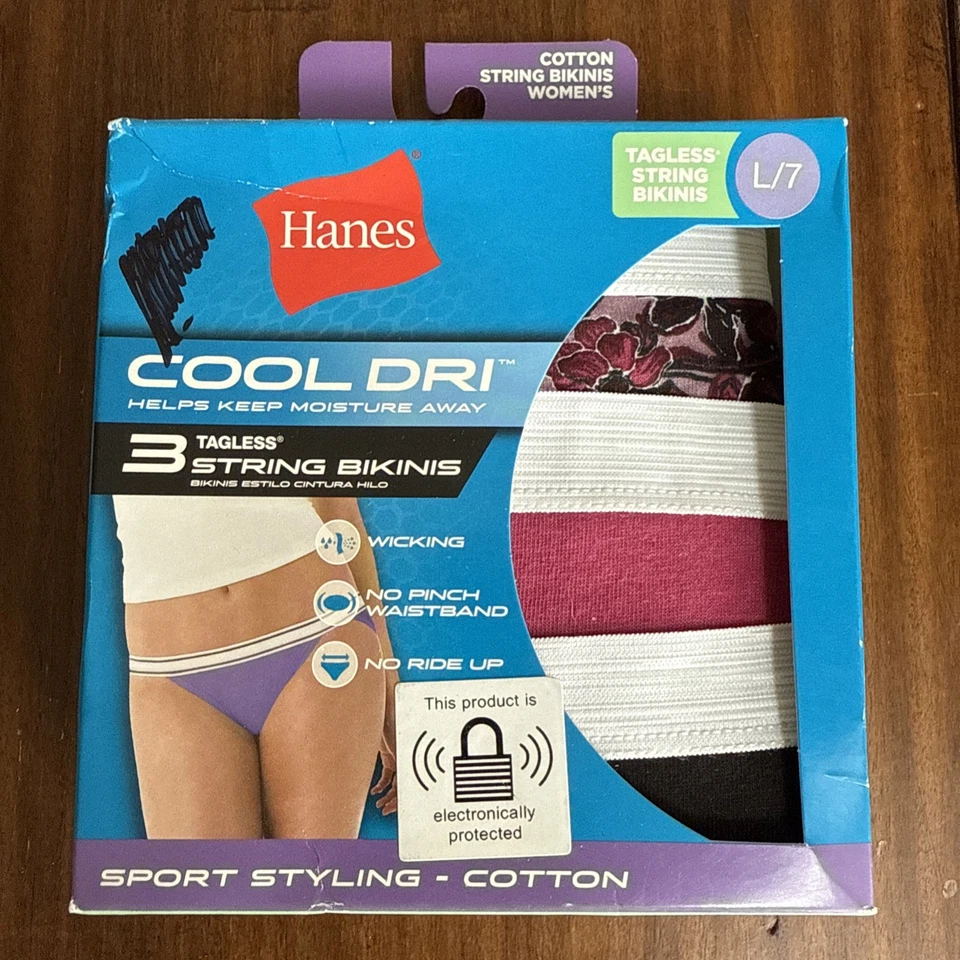 Hanes Womens Size 7 Large Underwear Tagless String Bikinis 3 Pack Cool Dri
