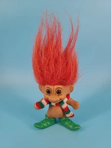 Vtg 1980’s Russ Good Luck Troll w/ Red Hair Green Elf Shoes & Stripped Scarf 3” - Picture 1 of 7