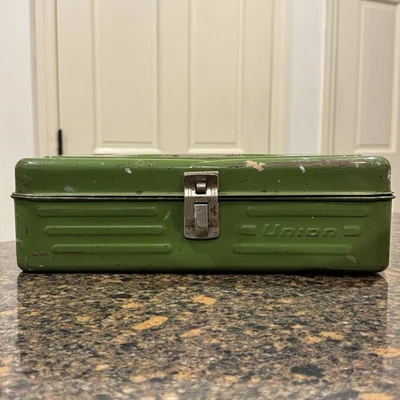 VTG Union Steel Metal Tool Box w/ Latch Olive Green Utility Chest Heavy 13x6x4" - Image 1 of 4