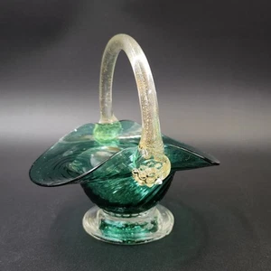 Cesta vintage MCM Murano verde azulado esmeralda oro Aventurina remolino hecha a mano Italia - Imagen 1 de 14