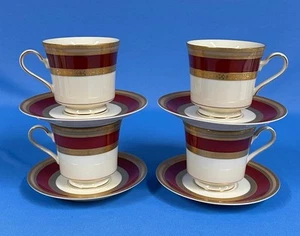 4 Mikasa Grande Ivory French Embassy Red w/ Gold Trim L2829 Footed Cups Saucers - Picture 1 of 4