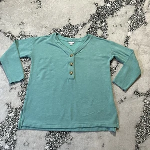 J Jill Sweatshirt Size Medium Teal Green Buttoned Henley Tunic Top 3/4 Sleeve - Picture 1 of 7