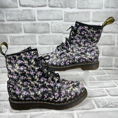 Dr. Martens 1460 W Lace Up Black Floral Print Smooth Leather Boots Women's 9 - Image 1 of 4