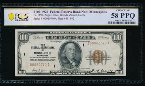 AC 1929 $100 FRBN Minneapolis PCGS 58 PPQ Fr 1890-I - Picture 1 of 2