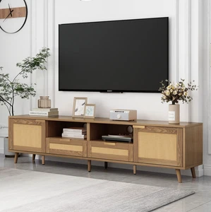 TV-Ständer Schrank Lowboard 200cm Massivholz Füße Rattan TV-Panel Fernsehschrank - Bild 1 von 14