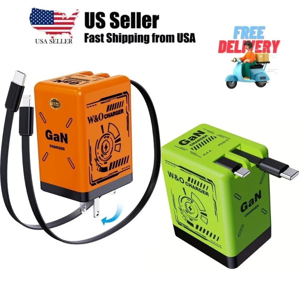 Зарядное устройство быстрое W&O GaN настенный адаптер USB-C выдвижная вилка для iPhone Samsu упаковка 2 шт. - Изображение 1 из 4