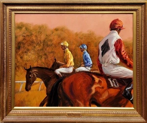 Henry Koehler -Three Jockey on Horse Before the Start-Oil painting - Picture 1 of 12