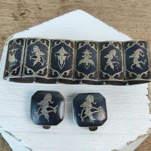 VTG SIAM Sterling Silver Niello Enamel Thai Nakon Bracelet & Clip Earrings 6.5" - Picture 1 of 16