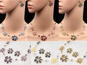 Sparkly crystal brown flower choker chain necklace earrings woman jewelry K18 - Picture 1 of 9