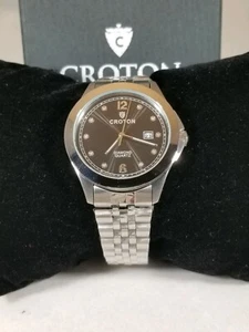 CROTON 10 DIAMOND MARKERS💎PATTERNED DIAL WATCH W/DATE STAINLESS STEEL BRACELET - Picture 1 of 12