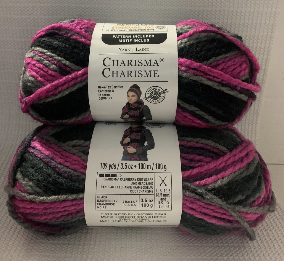 LOTE de 2 CHARISMA en NEGRO FRAMBUESA 109yds 3.5oz Acrílico🧶por Lazos e Hilos Foto 1 de 3