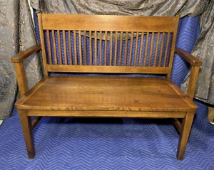 ANTIQUE MISSION WOOD DEACONS BENCH SETTE SLAT BACK OAK S. ROVINSKY RAILROAD SEAT - Picture 1 of 24