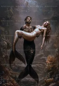 MERMAID AND MERMAN ART PRINT, Gothic Siren Poster, Romance Ocean Love Wall Decor - Picture 1 of 2