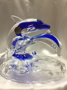 Cristal d'Arques Bleikristall klar/blau Mutter & Baby Delfine springen in Wellen - Bild 1 von 12