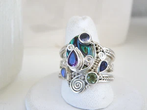 Sajen Sterling Silver 925 Chunky Gemstone Abalone Adjustable Ring 10 - Picture 1 of 24