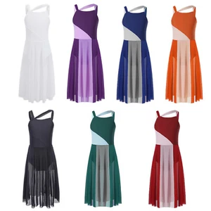 Girls Kid Lyrical Dance Dress Sleeveless Mesh Color Block Leotard Modern Costume - Picture 1 of 68