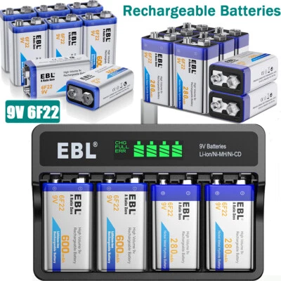 EBL 9 volt Lithium Li-Ion Rechargeable Battery / 9V Ni-MH battery / Charger Lot - Image 1 of 4