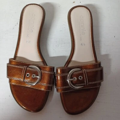 Mujer Connie Talla 6.5 Marrón Puntera Abierta Sandalias Hechas a Mano Italia Brillante Foto 1 de 4