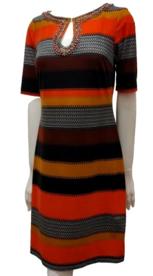 Donna Morgan Tribal Dress Bohemian Fall Stripes Beaded Neckline Size 4 Spandex - Image 1 of 4