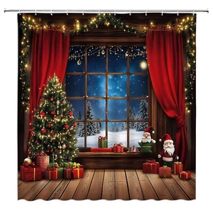 Merry Christmas Shower Curtain Window Scene Winter Snowy Xmas Pine Tree Snowf... - Picture 1 of 4
