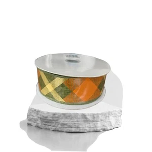 10 Yds Of 1 1/2”Wired Argyle Orange, Green Argyle Plaid - Picture 1 of 2