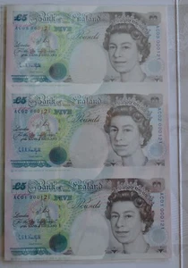 The £5 Bank Note Uncut Sheet Kentfield AC01 000121-AC02-AC03 Mint - Picture 1 of 4