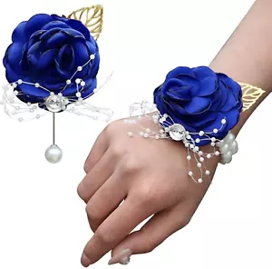 Bridesmaid Wrist Corsage and Boutonniere Set Pink Pearl Bracelet Gold Leaf Rose - Picture 1 of 12