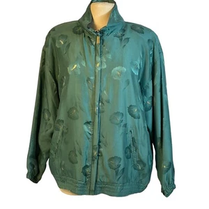 Abvien Vintage 100% Seide grün Blumen Reißverschluss vorne leichte Bomberjacke Gr. XL - Bild 1 von 11