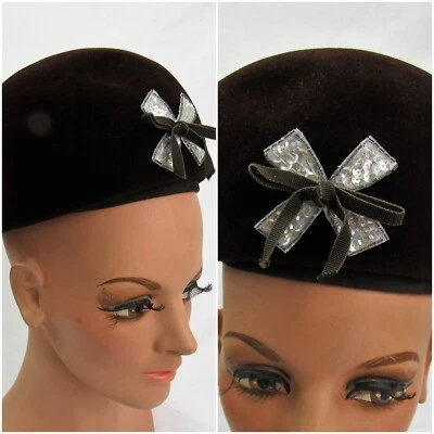 винтажный 1960-х годов Mod пузырь шляпа винтажный женщин коричневый щеткой войлок блестки аппликация - Изображение 1 из 4