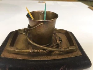 Vintage Antique Toothpick Holder Brass On Leather Covered Wood Base. - Picture 1 of 11