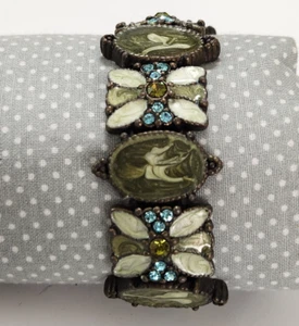 Vtg Stretch Bracelet Antiqued Bronzetone Green Enamel Blue Rhinestones Art Deco - Picture 1 of 3