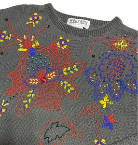 Maglione Vintage Western Connection Donna M Grigio Perline Floreale Cottage Anni 90 *Difetti - Foto 1 di 14