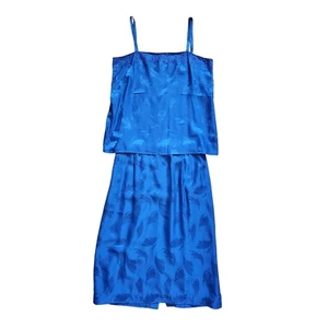 Vintage D'ore 100% Silk Classic Blue Beaded Blouse & Skirt 2Pc Set, Size 14 - Picture 1 of 12