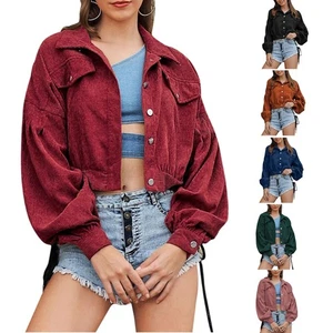 Women Lantern Sleeve Cropped for Jacket Lapel Button Velvet Vintage Oversized Co - Picture 1 of 12