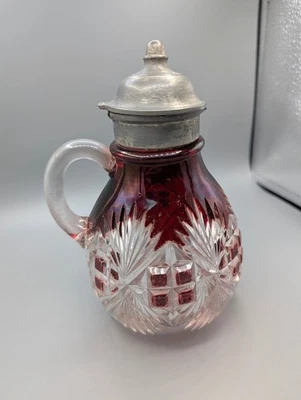 Antique EAPG Glass Ruby flash Syrup Pitcher Manganese Pewter - Image 1 of 4