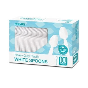 POSATE Plastic Spoons, White, Heavy weight, 100 Count - Picture 1 of 9