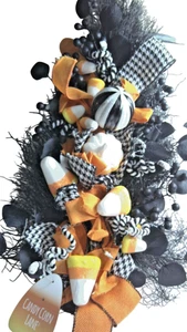 Candy Corn Lane Halloween Wreath Teardrop Swag Door Decor Pumpkins Ribbon Bow - Picture 1 of 5