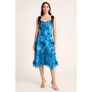 Marchesa Notte Midikleid Blumenapplikation Herzausschnitt ausgestellt gefüttert blau Größe 6 - Bild 1 von 14
