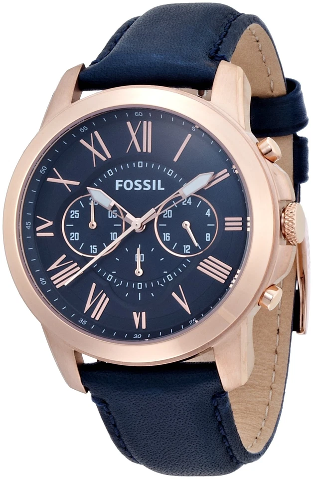 Fossil Grant FS4835IE Men's 44mm Chronograph Navy Leather Steel Quartz Watch