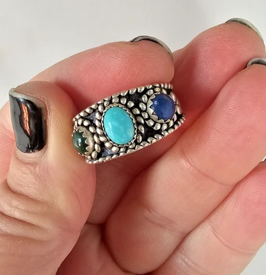 Anillo de plata esterlina QT Quoc turquesa lapislázuli malaquita banda talla 7 vintage Foto 1 de 4
