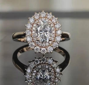 Starburst Oval Cut Moissanite Double Halo Engagement Ring, Bridal Promise Ring - Picture 1 of 6