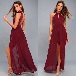 Lulu's Size Small My Beloved Burgundy Red Lace Maxi Dress Slit Wedding Formal - Picture 1 of 12