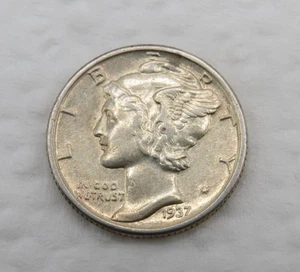 1937 P Mercury Dime - Stempelglanz - schöner Glanz - 90% Silber 10 Cent US Münze - Bild 1 von 8