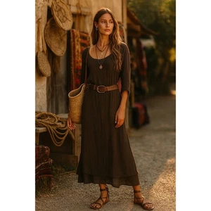 Maxi abito vintage YuGuoGuo marrone lino manica lunga strati Boho Cottagecore XL - Foto 1 di 9