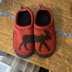 LL Bean Kids' Sweater Fleece Slippers 3-4 Moose Motif Red Black Cozy Cute Warm - Picture 1 of 10