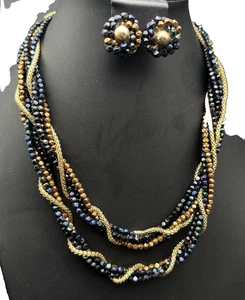 Vtg Beaded Necklace Clip On Earring Set Black Iridescent Copper Gold Tone Twist - Picture 1 of 15