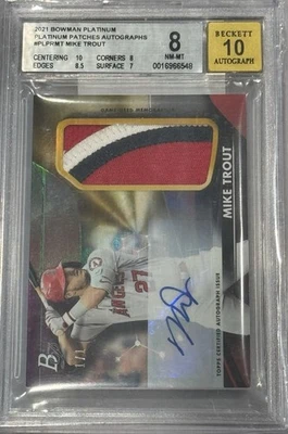2021 Bowman Platinum 1/1 Mike Trout #PLPRMT Game Used Patch Auto BGS 8 Auto 10  - Image 1 of 4