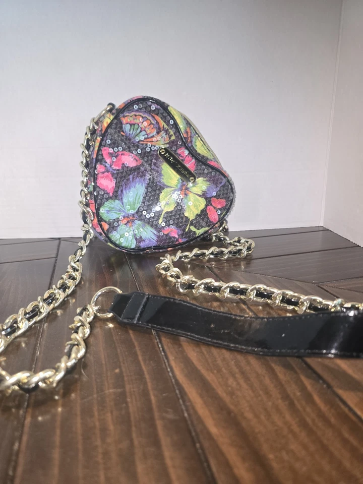 Betsey Johnson Heart Shaped Crossbody Bag Sequins Butterflies Chain Strap - Image 1 of 4