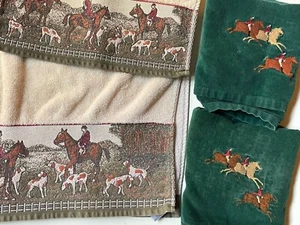 Vintage Hampton Manor HORSE FOX HUNT 1 Bath 3 Hand TOWELS Embroidered Equestrian - Picture 1 of 18